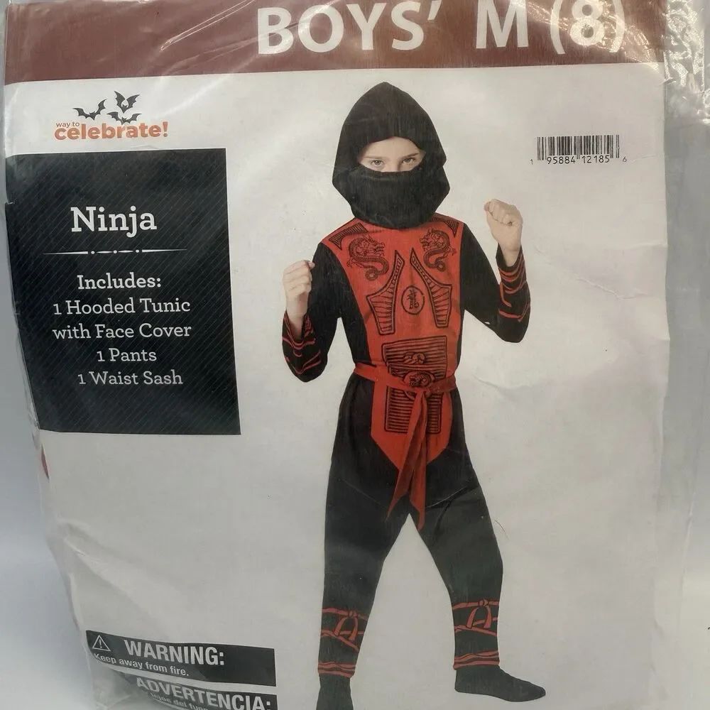 Ninja Costume for Kids Boys Size M 8 Red Black Hooded Tunic Pants Halloween
